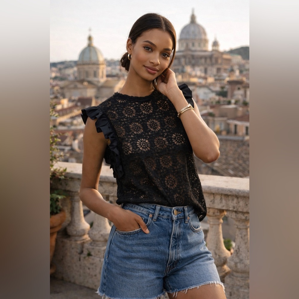 Anthropologie- Flat White Crochet Ruffle Top